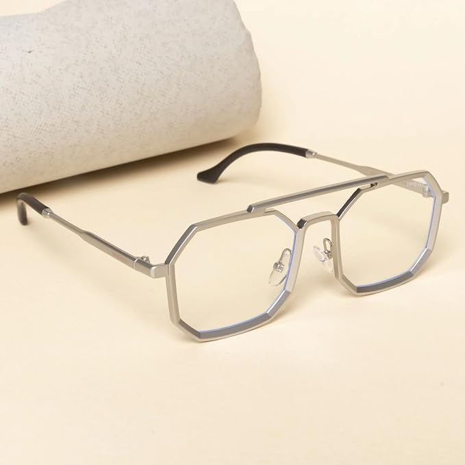 Hexagonal Square shape Matt silver Frame Eyeglasses trendy shape for men & women ( power lens Available)