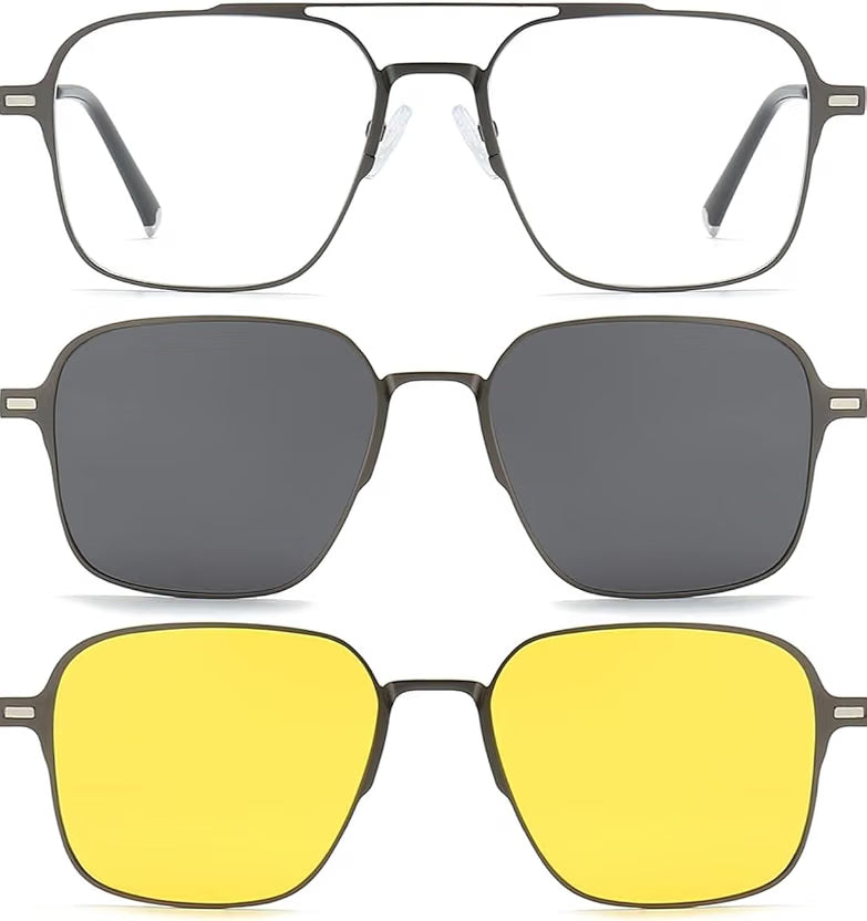 3-in-1 Magnetic Clip-On Sunglasses for Men and Women. Polarized Dark Grey, Night Driving, power lens Available