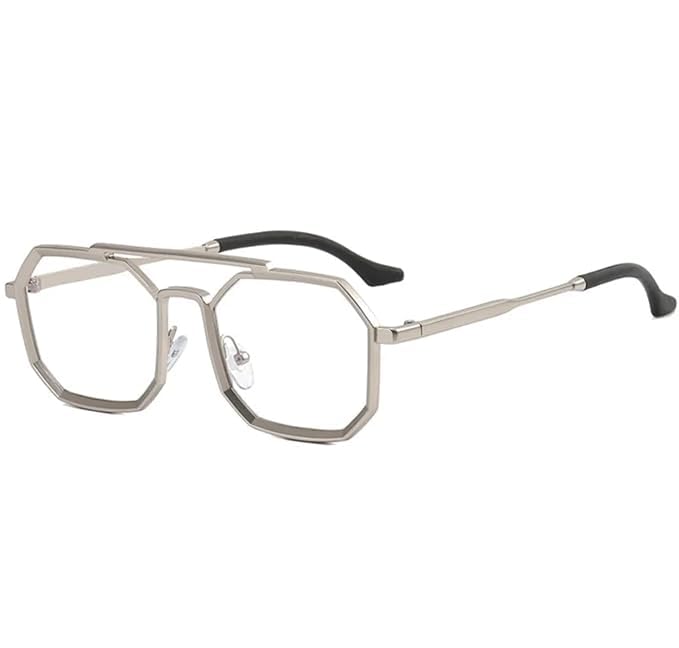 Hexagonal Square shape Matt silver Frame Eyeglasses trendy shape for men &amp; women ( power lens Available)