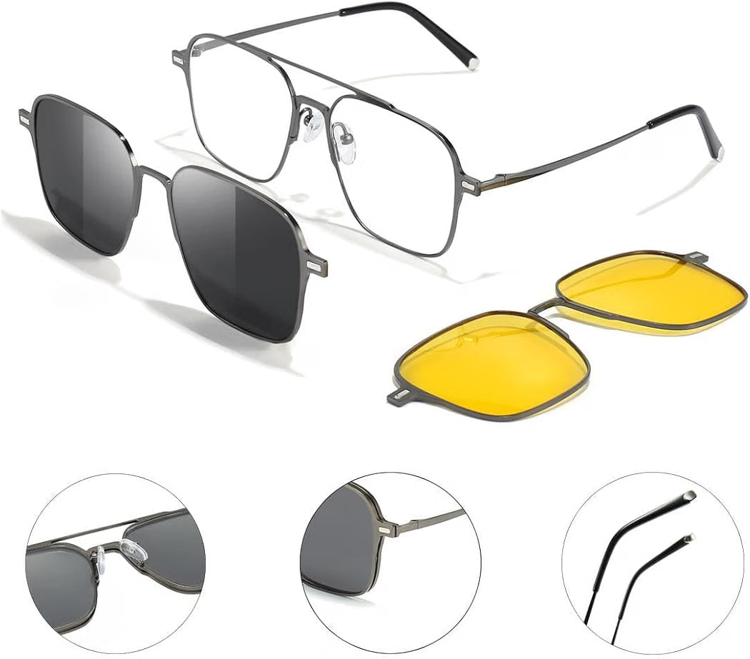 3-in-1 Magnetic Clip-On Sunglasses for Men and Women. Polarized Dark Grey, Night Driving, power lens Available