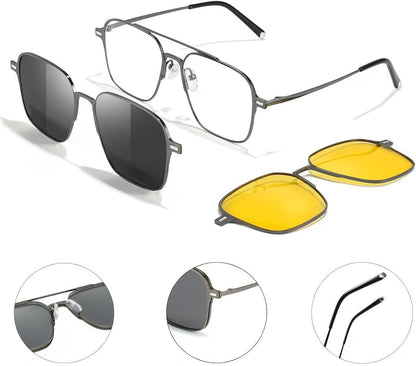 3-in-1 Magnetic Clip-On Sunglasses for Men and Women. Polarized Dark Grey, Night Driving, power lens Available