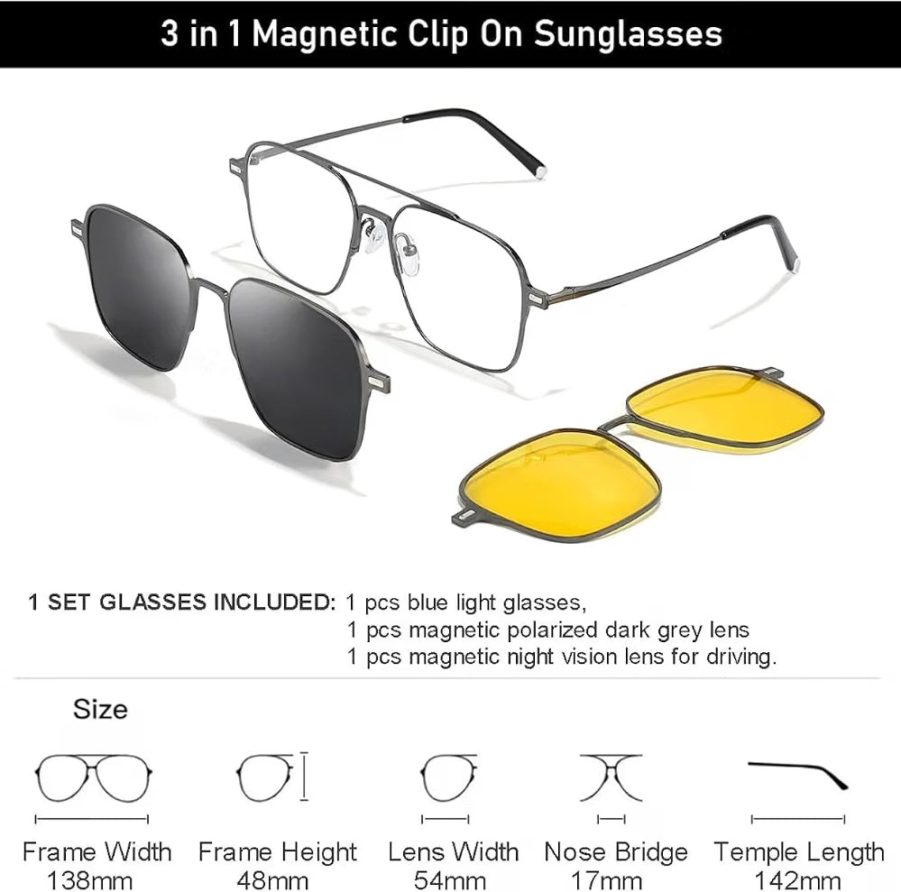 3-in-1 Magnetic Clip-On Sunglasses for Men and Women. Polarized Dark Grey, Night Driving, power lens Available