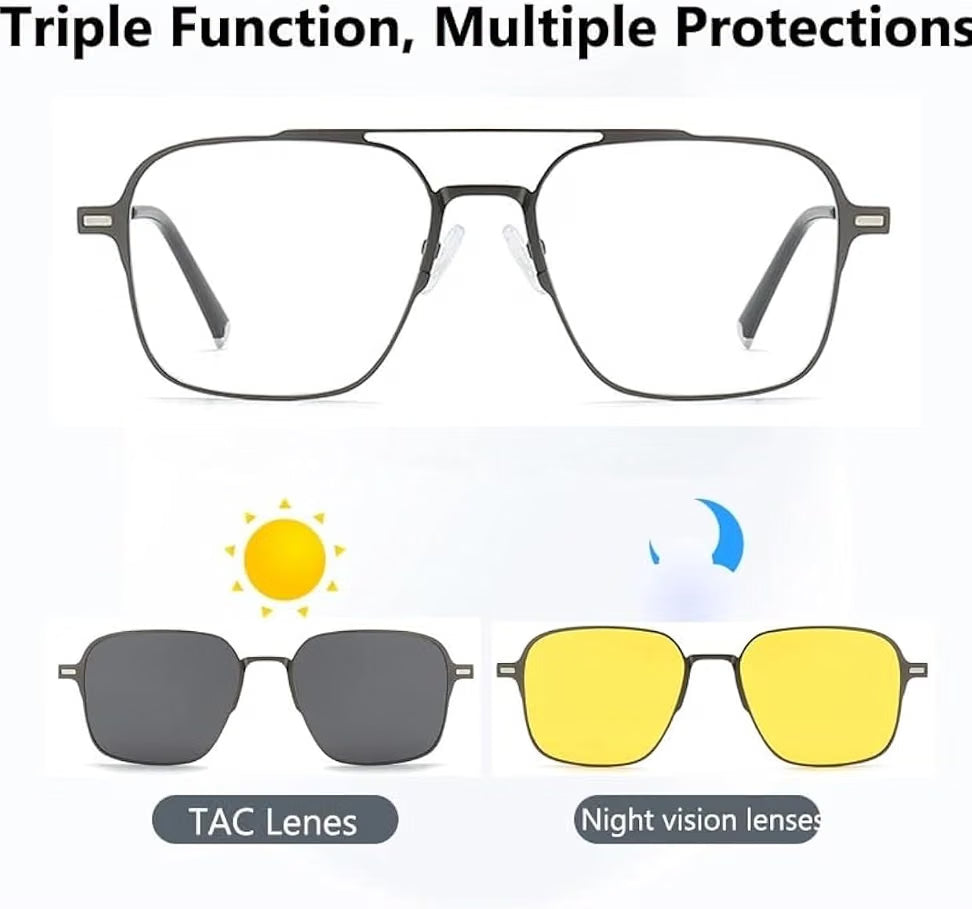 3-in-1 Magnetic Clip-On Sunglasses for Men and Women. Polarized Dark Grey, Night Driving, power lens Available