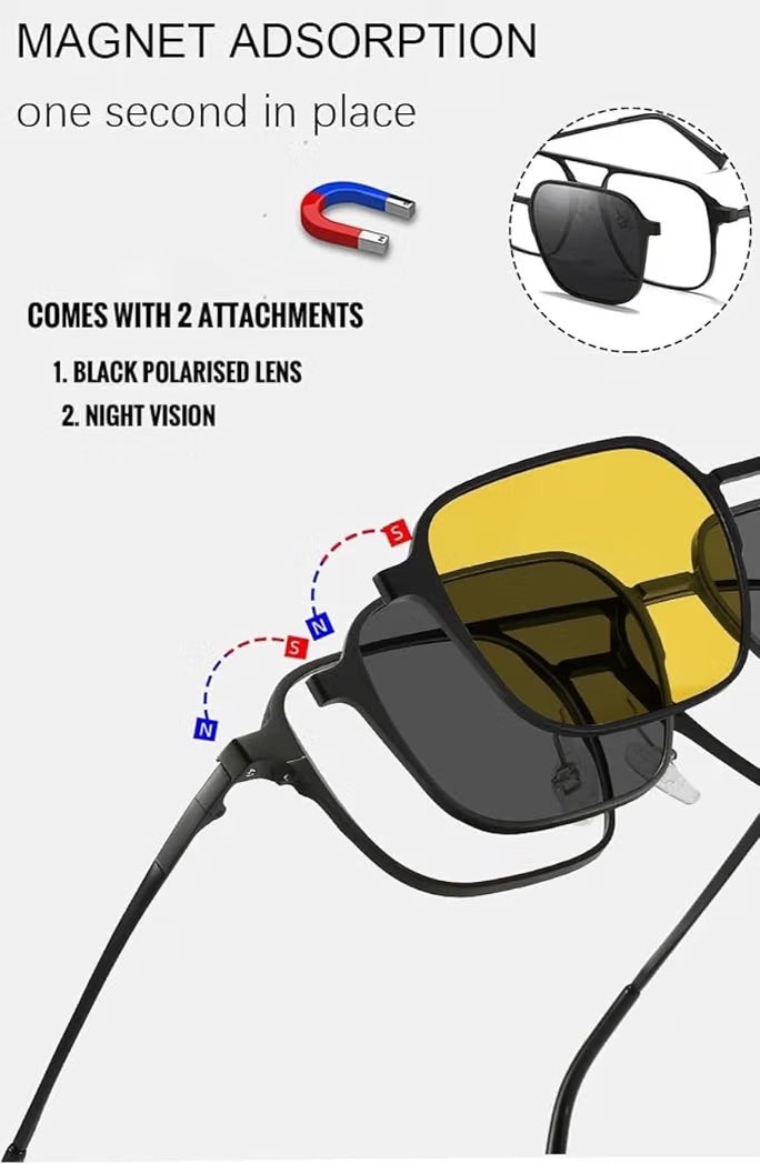 3-in-1 Magnetic Clip-On Sunglasses for Men and Women. Polarized Dark Grey, Night Driving, power lens Available