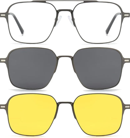 3-in-1 Magnetic Clip-On Sunglasses for Men and Women. Polarized Dark Grey, Night Driving, power lens Available