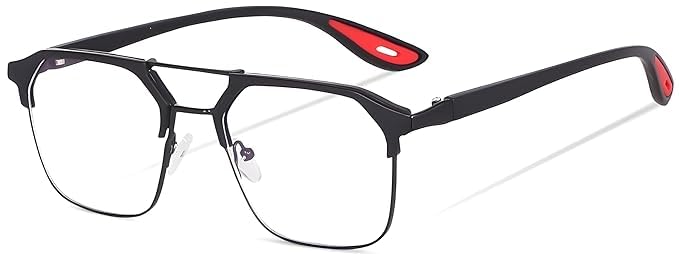 Half-Rim Aviator Eyeglasses Frame, Grey and Orange, Metal and Plastic, Double Bridge, Clear Lens