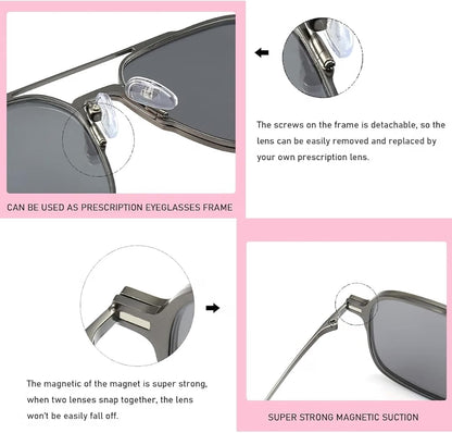 3-in-1 Magnetic Clip-On Sunglasses for Men and Women. Polarized Dark Grey, Night Driving, power lens Available