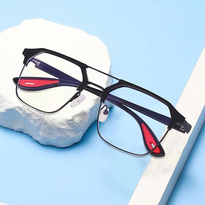 Half-Rim Aviator Eyeglasses Frame, Grey and Orange, Metal and Plastic, Double Bridge, Clear Lens