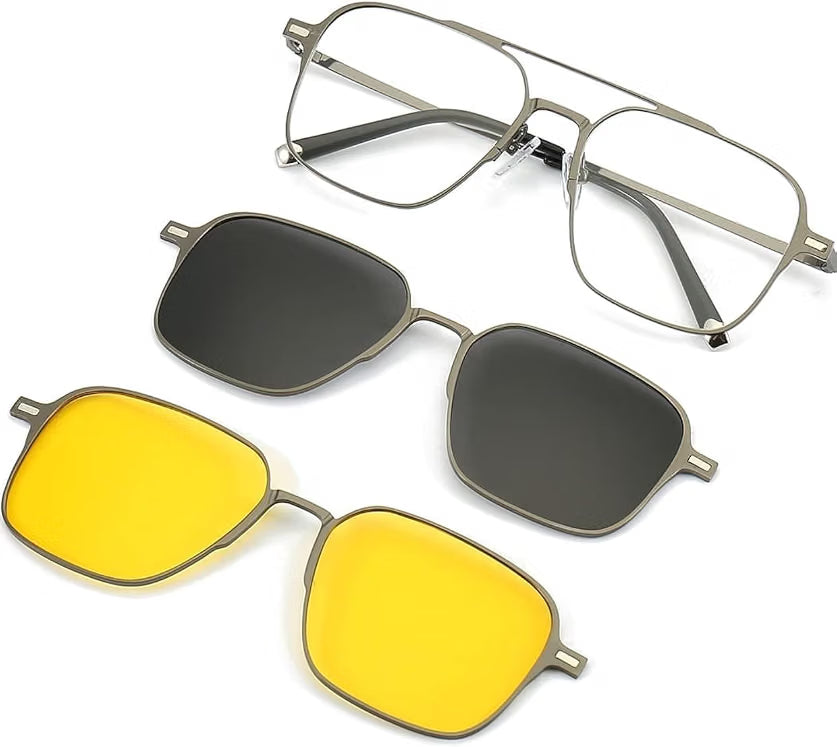 3-in-1 Magnetic Clip-On Sunglasses for Men and Women. Polarized Dark Grey, Night Driving, power lens Available