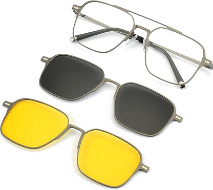 3-in-1 Magnetic Clip-On Sunglasses for Men and Women. Polarized Dark Grey, Night Driving, power lens Available